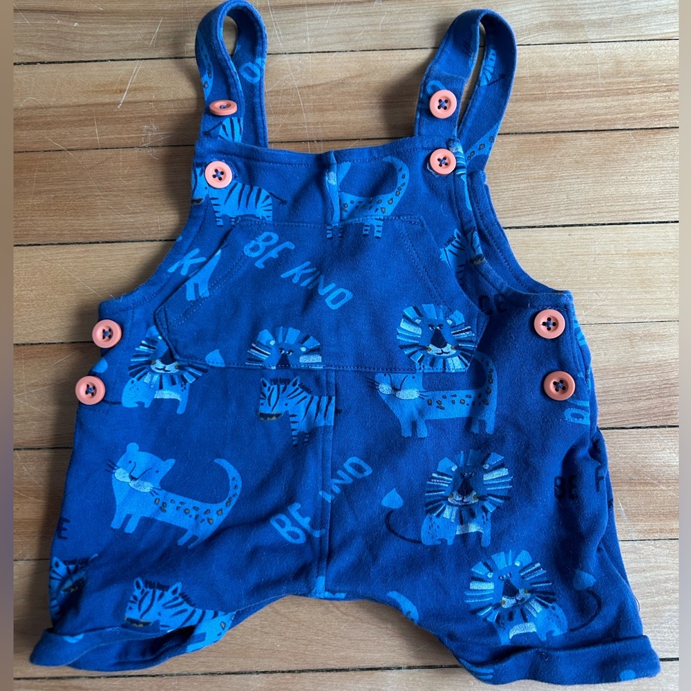 Blue Animal Print Overalls Romper with Orange Buttons